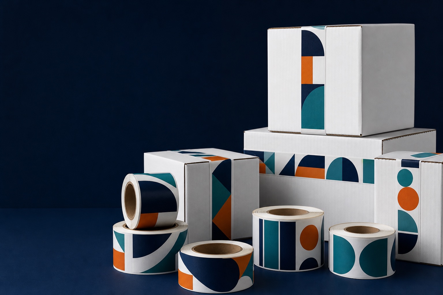 Custom patterned carton tape, labels, and white shipping boxes