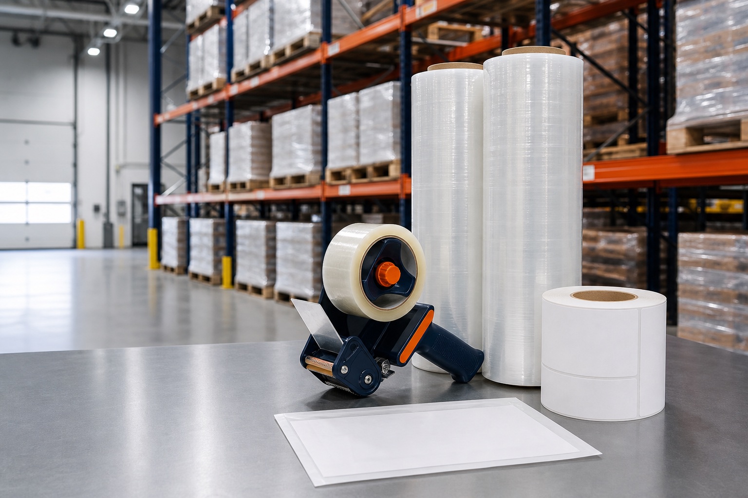 Stretch film, carton-sealing tape, shipping labels, and a tape dispenser at a warehouse packing station