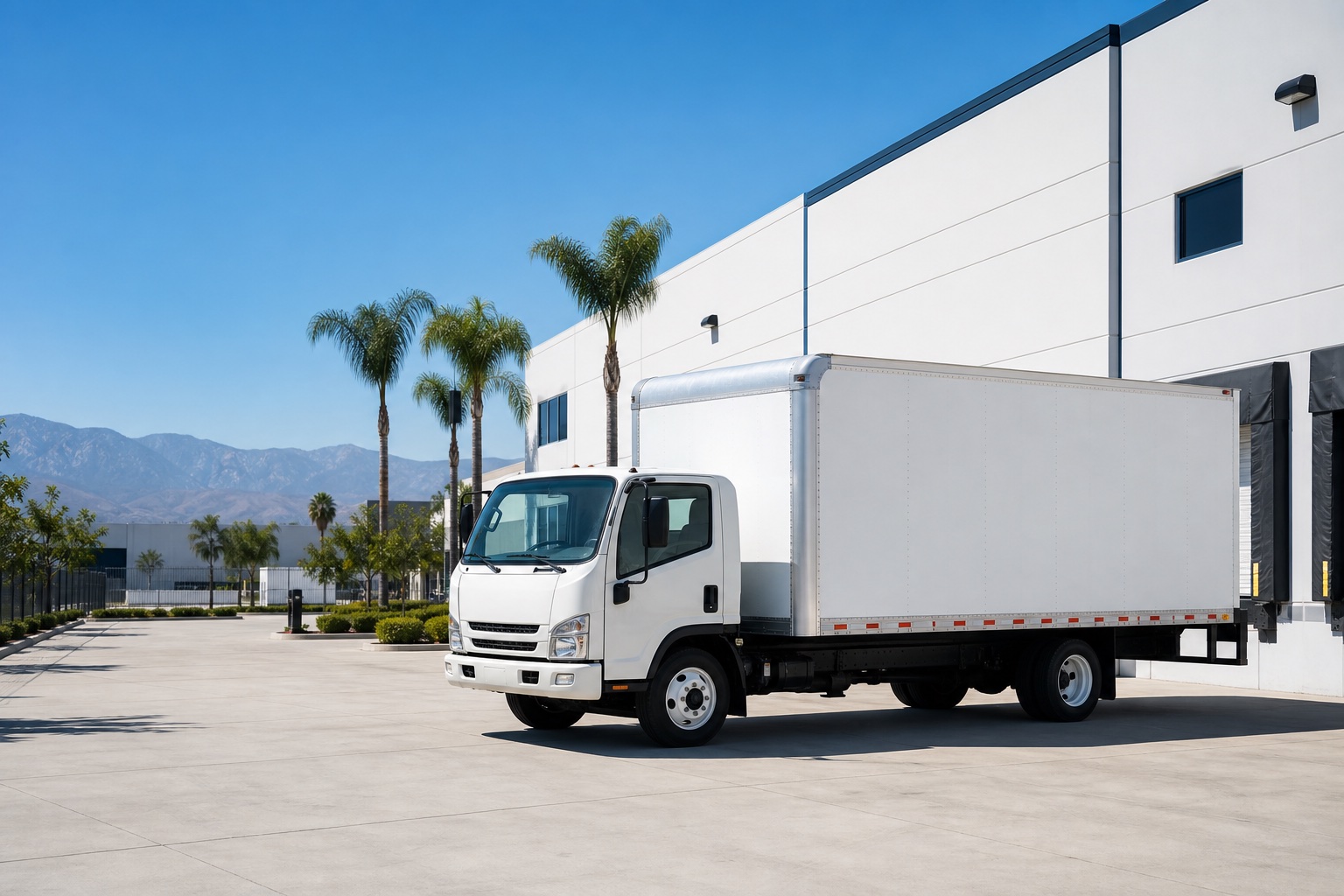 Unbranded delivery truck outside an Inland Empire warehouse